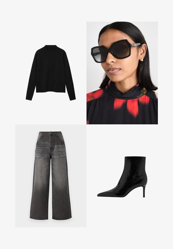 Crna rolka od mekanog materijala, s dugim rukavima i opuštenim krojem, s čistem, minimalističkim dizajnom.; Široke crne traperice napravljene od denima s izblijedjelim pranjem, s dva prednja džepa i kontrastnim šavovima. Materijal je čvrst s teksturiranim završetkom.; Crni gležnjači sa dizajnom u obliku špice, napravljeni od sjajne kože. Imaju štiklu i glatku teksturu. Nema vidljivih ukrasa.; Crne oversized sunčane naočale s geometrijskim okvirom, tamno zatamnjenim staklima i zlatnim akcentima, uparene s bluzom s cvjetnim uzorkom i visokim ovratnikom.
