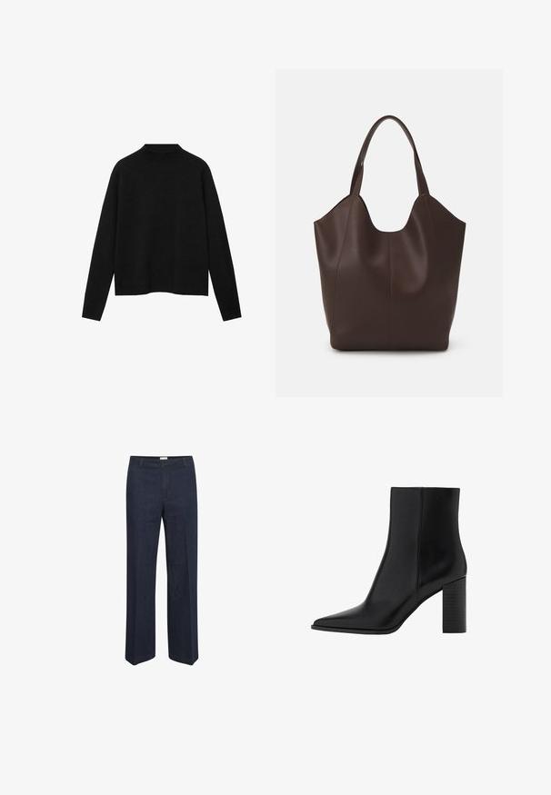 Black turtleneck sweater made of soft fabric, featuring long sleeves and a relaxed fit, with a clean, minimalistic design.; Dark blue, wide-leg jeans with a classic waistband and front pockets, designed for a comfortable fit and versatile style.; Black leather ankle boot with a pointed toe, square heel, smooth texture, and stitching details along the seams. Heels measure approximately 3.5 inches.; Brown leather tote bag with a smooth texture, featuring a unique shape, wide opening, and two short handles for carrying.