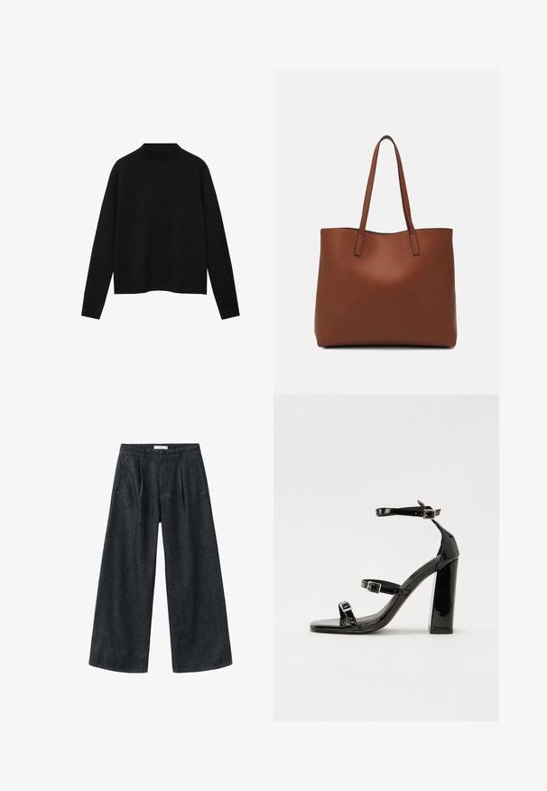 Pull à col roulé noir en tissu doux, avec des manches longues et une coupe décontractée, au design épuré et minimaliste.; Pantalons en denim foncé à jambes larges avec plis, taille haute et coupe classique. Présente une finition nette au niveau de l'ourlet et des détails de couture minimalistes.; Sandales à talons hauts en cuir verni noir avec deux brides à boucles, bout carré et talon bloc épais, présentant une texture lisse et brillante.; Sac fourre-tout en cuir marron avec une texture lisse, design à ouverture supérieure et deux poignées pour le porter à l'épaule. Présente des coutures minimales et aucun matériel visible.