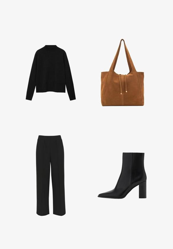 Černý rolák vyrobený z měkké látky, s dlouhými rukávy a uvolněným střihem, se čistým a minimalistic designem.; Černé kalhoty s širokými nohavicemi a plochým pasem, vyznačující se předními záhyby a hladkým povrchem. Žádné viditelné kapsy ani kovové prvky.; Černé kožené kotníkové boty s špičatou špičkou, čtveratým podpatkem, hladkou texturou a švy podél spojů. Výška podpatku je přibližně 8,9 centimetrů.; Hnědá semišová taška s dvěma dlouhými popruhy, stahovací šňůrkou a minimalistickým designem. Hladký povrch a žádné viditelné kovové akcenty.; Černé kožené rukavice s hladkým povrchem, s švy podél prstů a přiléhavým střihem. Měkký, poddajný materiál pro pohodlí.