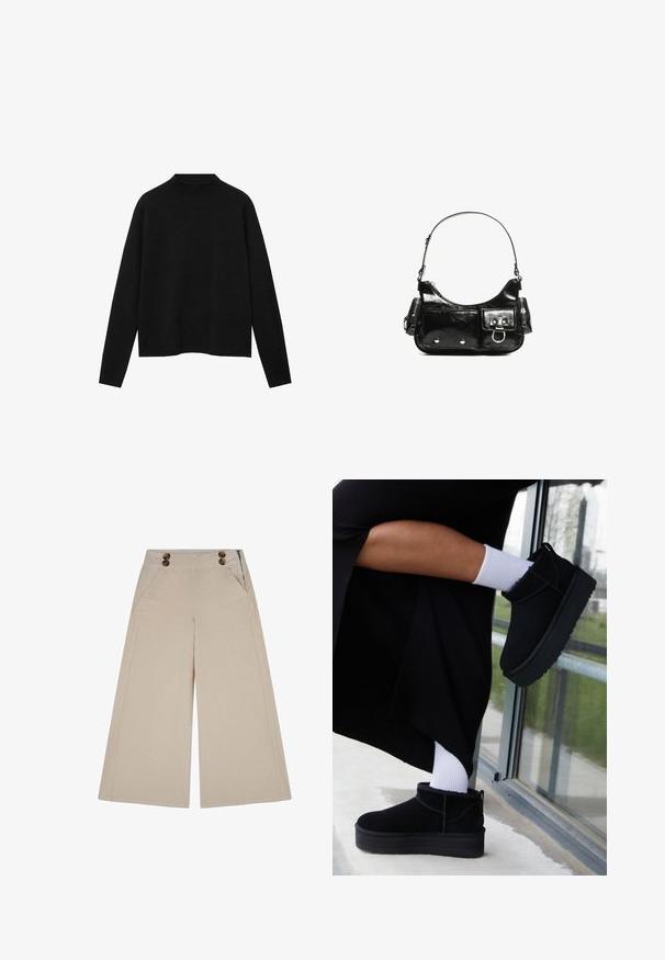 Black turtleneck sweater made of soft fabric, featuring long sleeves and a relaxed fit, with a clean, minimalistic design.; Beige wide-leg corduroy pants with vertical stripes, two front pockets, and two buttons on the waistband. Smooth texture, relaxed fit.; Black suede ankle boots with a flat sole, featuring a back pull tab, worn with white ankle socks against a minimalist background.; Black patent leather handbag with a curved shape, one shoulder strap, front pockets, and silver-tone hardware accents.