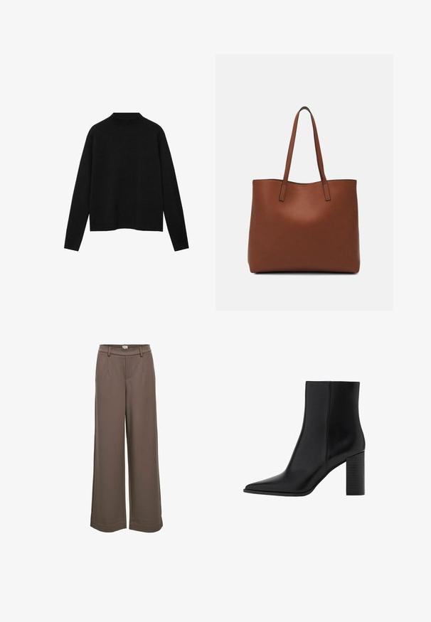 Crna rolka od mekanog materijala, s dugim rukavima i opuštenim krojem, s čistem, minimalističkim dizajnom.; Široke hlače od meke smeđe tkanine. Imaju visoki pojas, dva prednja džepa i glatku teksturu s ležernim dizajnom.; Crne kožne čizme do gležnja s izduženim nožnim prstom, kvadratnim potplatom, glatkom teksturom i detaljima šavova duž šavova. Potpetice su visoke približno 8,9 centimetara.; Smeđa kožna torba preko ramena s glatkom teksturom, otvorenim vrhom i dvjema naramenicama. Ima minimalne šavove i nema vidljivog hardvera.