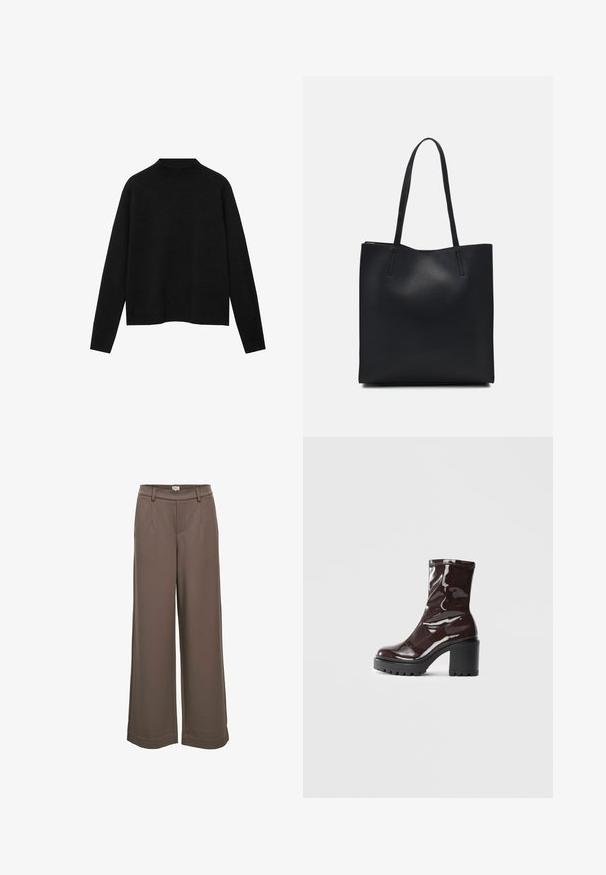 Pulover negru cu guler înalt dintr-un material moale, având mâneci lungi și o croială lejeră, cu un design curat și minimalist.; Pantaloni largi dintr-un material moale, de culoare maro. Au o talie înaltă, două buzunare frontale și o textură netedă cu un design casual.; Botine lucioase burgundy, cu toc gros negru, având o textură netedă și un design simplu. Fără închideri sau modele vizibile.; Geantă tote neagră din piele, cu textură netedă, formă rectangulară și două mânere lungi. Fără hardware vizibil sau ornamente.