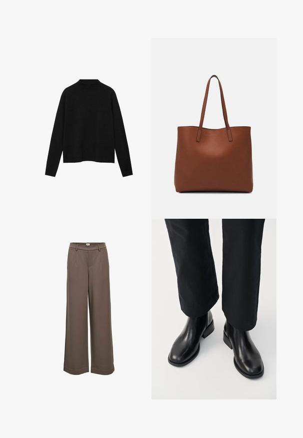 Schwarzer Rollkragenpullover aus weichem Stoff, mit langen Ärmeln und einem lockeren Schnitt, der ein sauberes, minimalistisches Design aufweist.; Weite Hosen aus einem weichen, braunen Stoff. Mit hohem Bund, zwei Vorderaschen und einer glatten Textur im lässigen Design.; Schwarze Leder-Chelsea-Stiefel mit glatter Textur, runder Zehenpartie und niedrigem Blockabsatz, kombiniert mit schwarzen Hosen.; Braune Leder-Tote mit glatter Textur, offenem Oberteil und zwei Schulterriemen. Verfügt über minimale Nähte und keine sichtbaren Beschläge.