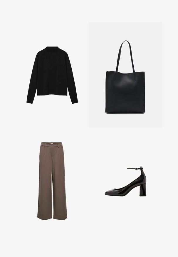 Schwarzer Rollkragenpullover aus weichem Stoff, mit langen Ärmeln und einem lockeren Schnitt, der ein sauberes, minimalistisches Design aufweist.; Weite Hosen aus einem weichen, braunen Stoff. Mit hohem Bund, zwei Vorderaschen und einer glatten Textur im lässigen Design.; Schwarze Lackleder-Pumps mit Knöchelriemen und glänzender Oberfläche, spitzer Zehenform und dickem Blockabsatz. Sanfte Textur, minimalistische Details.; Schwarze Laptoptasche aus Leder mit glatter Textur, rechteckiger Form und zwei langen Griffen. Keine sichtbaren Beschläge oder Verzierungen.