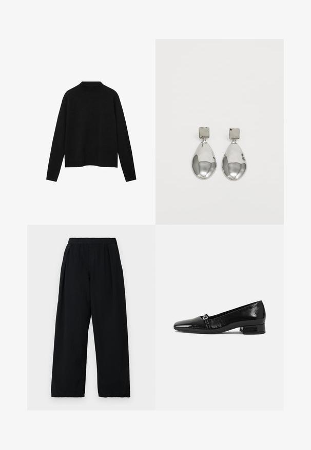 Pulover negru cu guler înalt dintr-un material moale, având mâneci lungi și o croială lejeră, cu un design curat și minimalist.; BDG Urban Outfitters BOBBI PANT - Pantaloni - black; Balerini din piele lacuită neagră, cu vârf ascuțit, toc pătrat mic și un detaliu metalic pe curea. Textură netedă.; Cercei din argint cu stud pătrat, având un finisaj neted și lustruit, într-o formă de lacrimă, care reflectă lumina cu o suprafață lucioasă.