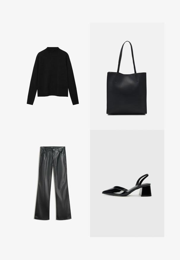 Černý rolák vyrobený z měkké látky, s dlouhými rukávy a uvolněným střihem, se čistým a minimalistic designem.; Černé kalhoty z umělé kůže s rozšířenými nohavicemi a hladkou texturou, pět kapsami, předním zipem a kontrastním prošíváním.; Černé lakované kožené lodičky na pásku s špičatou špičkou a geometrickým blokovým podpatkem. Vyznačují se elegantním, minimalistickým designem a hladkým povrchem.; Černá kožená taška přes rameno s hladkým povrchem, obdélníkovým tvarem a dvěma dlouhými uchy. Žádné viditelné kování ani ozdoby.
