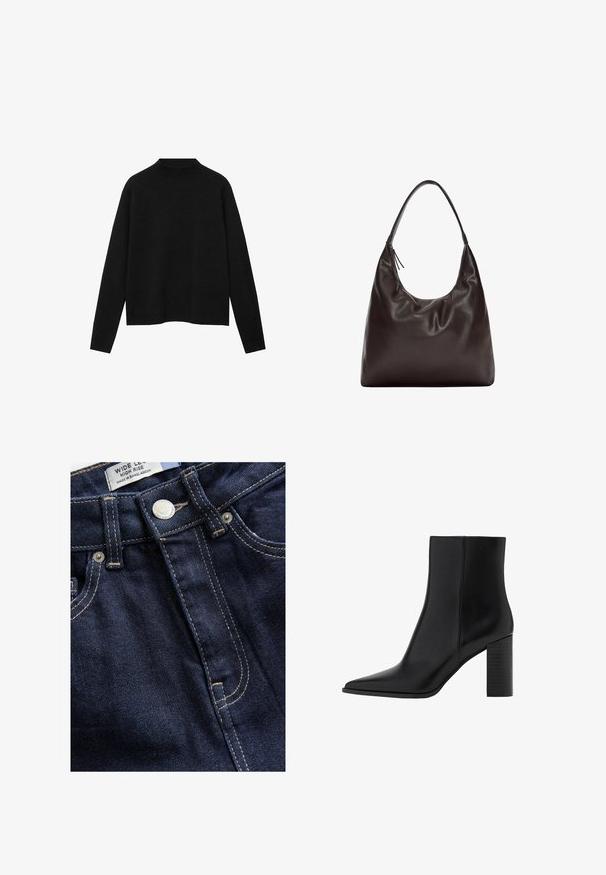 Pulover negru cu guler înalt dintr-un material moale, având mâneci lungi și o croială lejeră, cu un design curat și minimalist.; Next WIDE - Wide leg - rinse; Botine negre din piele cu vârf ascuțit, toc pătrat, textură netedă și detalii de cusătură de-a lungul jantelor. Toții au o înălțime de aproximativ 3,5 inci.; Geantă de umăr din piele maro, cu un design moale și lejer. Geanta are o curea lată și o formă minimalistă, completată de o textură subtilă.