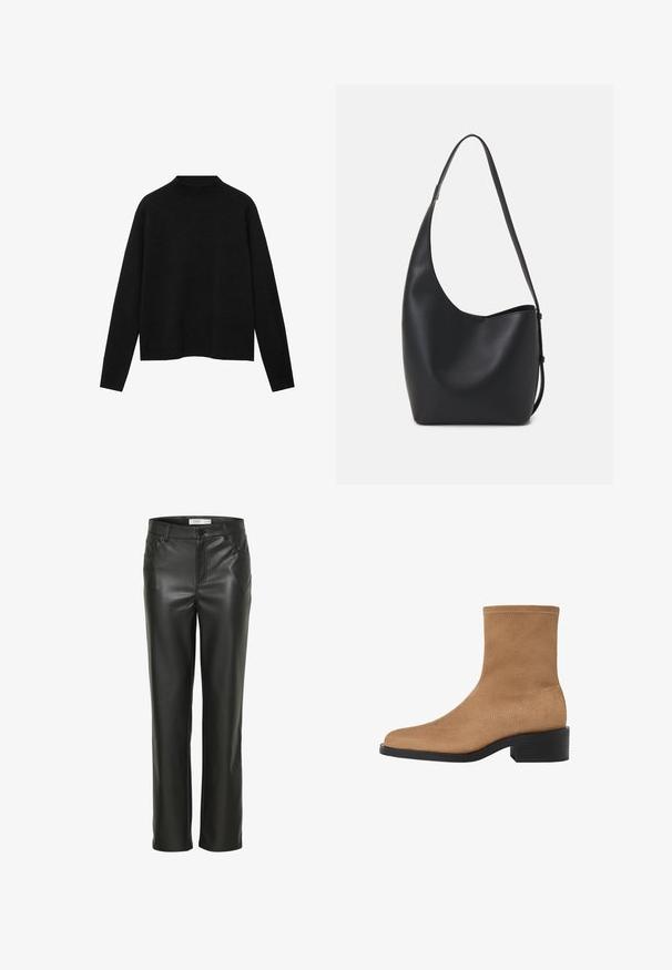 Mustat korkeakauluksinen neulepaita pehmeästä kankaasta, jossa on pitkät hihat ja rento istuvuus, sekä yksinkertainen, minimalinen muotoilu.; Musta nahkahousut suoralla lahkeella, joissa on etutaskut ja napitus. Silkkinen pinta, joka on tyylikäs ulkonäöltään.; Beige suede nilkkurit, joissa on neliön muotoinen kärki, matala lohkokorko ja saumaton muotoilu. Ominaisuuksiin kuuluu huomaamaton ompelu reunoilla.; Musta nahkainen hobo-laukku, jossa on sileä pinta, kaareva muoto ja yksi säädettävä olkahihna; sisäänkäynti on leveä ylhäältä.