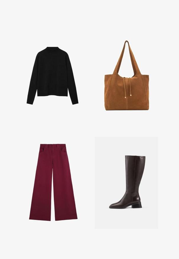 Mustat korkeakauluksinen neulepaita pehmeästä kankaasta, jossa on pitkät hihat ja rento istuvuus, sekä yksinkertainen, minimalinen muotoilu.; Bordeaux-huoneiset leveälahkeiset housut, jotka on valmistettu puuvillasta ja joissa on sileä pinta. Housuissa on kaksi etutaskua ja klassinen vyötärönauhan muotoilu.; Knee-high ruskeat nahkasaappaat, joissa on sileä pinta, pyöreä kärki ja pinoontuva musta korko. Yksinkertainen muotoilu, jossa on vain vähän metalliosia.; Ruskea nubuk-olkalaukku, jossa on kaksi pitkää hihnaa, naru- ja minimalinen sulkemismekanismi. Tasainen pinta ja ei näkyviä metalliosia.; Ruske nahkane rokavice gladke teksture, s petimi prsti, elastičnim zapestjem in dekorativnim šivom ob robu.