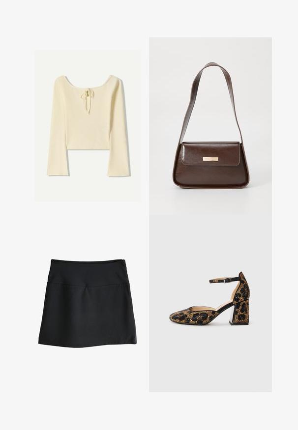 Bershka Maglione - beige; Gonna nera con una texture liscia, design al ginocchio e una semplice vita elastica. Presenta una cerniera discreta sul retro.; Scarpa con tacco alto nera e oro, con cinturino alla caviglia, punta appuntita e tacco quadrato, caratterizzata da un motivo a stampa leopardata.; Borsa a spalla in pelle marrone con una forma strutturata, dotata di chiusura a patta magnetica e un accento di logo metallico sul davanti.