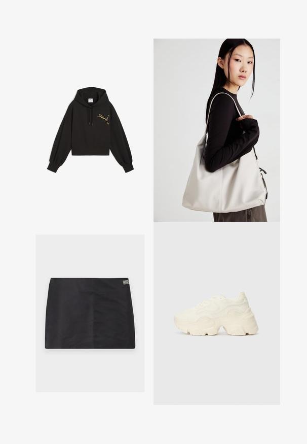 Hanorac scurt de culoare neagră dintr-un material moale, cu un logo Puma cu imprimeu de leopard pe piept, glugă cu șnur și mâneci tip balon.; Faldă neagră cu o textură netedă, croială dreaptă și un mic etichetă logo pe lateral. Design simplu, fără modele sau detalii suplimentare.; Tenisi albi voluminoși, fabricați din plasă texturată și materiale sintetice, cu o talpă groasă și detalii de model intricate pe laturi.; Geantă bej din material moale, cu un design lejer, detalii cusute și două bretele pentru umăr. Potrivită pentru utilizarea zilnică.