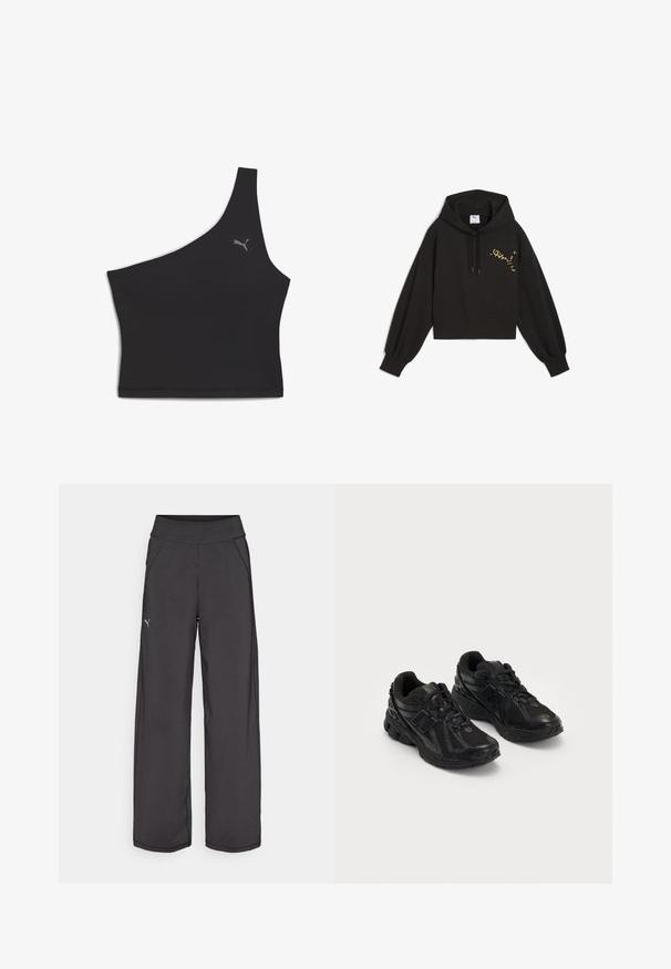 Juodas trumpas dydžio džemperis iš minkštos medžiagos, su leopardų rašto Puma logotipu ant krūtinės, su reguliuojama kapuce ir pūstomis rankovėmis.; Juodas vieno peties sportinis liemenukas, pagamintas iš elastingos medžiagos su lygiu paviršiumi; turi mažą pilką Puma logotipą ant krūtinės.; Juodos sportinės kelnės su plačia juosta, šoninėmis kišenėmis ir plokščiomis siūlėmis. Kairėje kojoje pritvirtintas mažas logotipas. Pagamintos iš lygaus, tamprios medžiagos.; Juodi sportiniai bateliai, pagaminti iš tinklinio ir sintetinio medžiagų. Su amortizuojančiu padu, tekstūriniais raštais ir iškilmingu prekės ženklu šone.