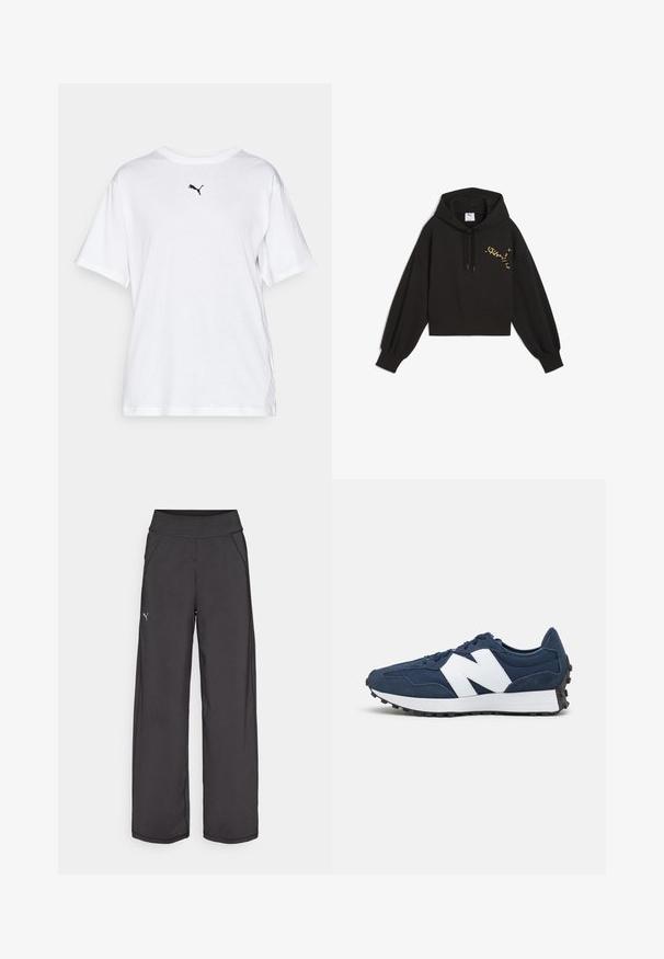 Schwarzer, verkürzter Hoodie aus weichem Stoff, mit einem Leopardenmuster-Puma-Logo auf der Brust, Kapuze mit Kordelzug und Ballonärmeln.; Weißes Baumwoll-T-Shirt mit Rundhalsausschnitt und kurzen Ärmeln. Verfügt über ein kleines schwarzes Logo auf der Brust. Klassische entspannte Passform.; Schwarze Sporthose mit einem breiten Bund, Seitentaschen und flachen Nähten. Mit einem kleinen Logo am linken Bein. Hergestellt aus glattem, dehnbarem Stoff.; Marineblaue Sportschuhe mit weißem Logo, Obermaterial aus Wildleder und Mesh, mit gepolstertem Schaft, flachen Schnürsenkeln und strukturiertem schwarzen Gummisohle.