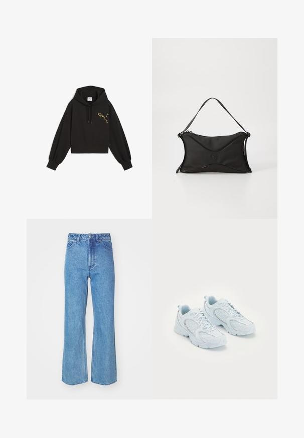 Črna skrajšana kapuca iz mehkega materiala, z leopardjim potiskom Puma logotipa na prsih, vrvico v kapuci in balonastimi rokavi.; Svijetloplave traperice, visoki struk s opuštenim krojem i širokim nogavicama. Imaju klasično kopčanje s gumbom i prednje džepove.; Svijetloplave atletske cipele s mrežastim i sintetičkim gornjim dijelom, s bijelim točkicama i reflektirajućim detaljima, vezice, te jastučićima u unutrašnjosti.; Črna torbica iz mehkega, strukturiranega materiala. Ima valovit vzorec, enojni naramni trak in subtilen logotip na sprednji strani.