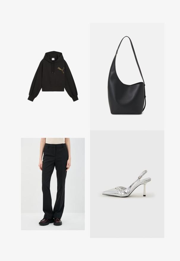 Mustat lyhyet hihat oleva huppari pehmeästä kankaasta, jossa on leopardikuosisella Puma-logolla koristeltu rinta, naruilla säädettävä huppu ja pallomaiset hihat.; Musta räätälöity housut suoralla lahkeella, valmistettu sileästä kankaasta. Varustettu vyölenkeillä ja litteällä etupuolella. Yhdistetty tummiin saappaisiin.; Hopeakylkinen korkokenkä, jossa on terävä kärki, metallinhohtoinen viimeistely, kaksi koristeellista nauhaa ja hoikka korko mustalla kärjellä.; Musta nahkainen hobo-laukku, jossa on sileä pinta, kaareva muoto ja yksi säädettävä olkahihna; sisäänkäynti on leveä ylhäältä.