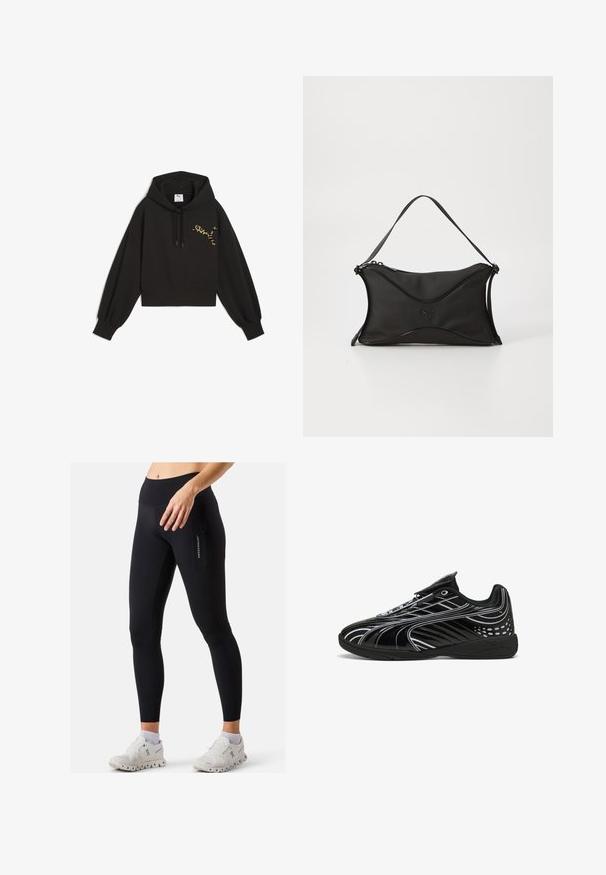 Czarna, krótka bluza z kapturem, wykonana z miękkiego materiału, z logo Puma w wzór lamparta na klatce piersiowej, sznurkiem do ściągania w kapturze oraz balonowymi rękawami.; Czarne legginsy o dopasowanym fasonie, z wysokim stanem, boczną kieszenią na zamek i gładką teksturą. W połączeniu z białymi butami sportowymi.; Czarne buty sportowe o smukłym designie, z błyszczącym wykończeniem, białymi akcentami, siateczkowymi panelami dla oddychalności i paskiem na rzep.; Czarna torebka na ramię z miękkiego, teksturowanego materiału. Posiada falisty wzór, pojedynczy pasek na ramię oraz subtelny detal z logo z przodu.