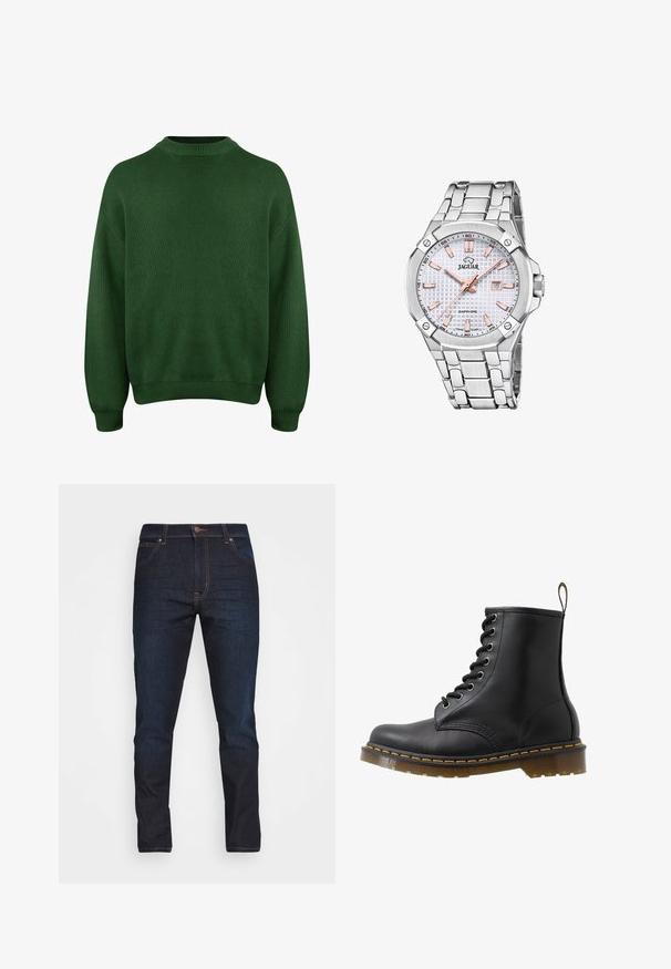 Zelený pletený svetr s vysokým límcem, spadlými ramenními švy a žebrovanými manžetami a lemem. Má strukturovanou, měkkou látku.; Tmavě modré džínové kalhoty slim fit, s pěti kapsami a zapínáním na knoflík. Vyznačují se kontrastním prošíváním a hladkým povrchem.; Černá kožená kotníková bota s kulatou špičkou, designem šněrování na očka, oranžovým prošíváním a masivní průhlednou podrážkou. Ucho na zzipu vzadu.; Stříbrné nerezové hodinky s texturovaným bílým ciferníkem, rose gold akcenty, zobrazením data a náramkem s články. Kryt ze safírového skla.