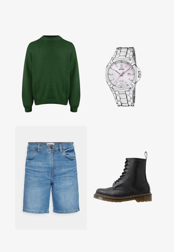 Maglione verde lavorato a maglia con collo alto, spalle scese e polsini e orlo a costine. Presenta un tessuto morbido e testurizzato.; Pantaloni corti in denim di colore azzurro chiaro con una vestibilità dritta, cinque tasche e chiusura con bottone superiore. Presentano una leggera sbiaditura e cuciture a contrasto.; Stivale alla caviglia in pelle nera con punta rotonda, design con lacci ad occhiello, cuciture arancioni e suola spessa traslucida. Loops sul retro.; Orologio in acciaio inossidabile argentato con un quadrante bianco testurizzato, dettagli in oro rosa, indicatore della data e bracciale a maglie. Vetro zaffiro.