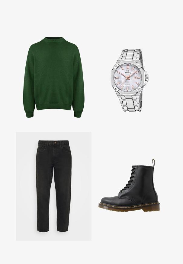 Zielony sweter robiony na drutach z wysokim dekoltem, opadającymi szwami ramion oraz prążkowanymi mankietami i dołem. Charakteryzuje się teksturowanym, miękkim materiałem.; Redefined Rebel KYOTO ciemnoszary; Czarny skórzany botek za kostkę z okrągłym noskiem, ozdobą w postaci sznurek z oczkami, pomarańczowymi przeszyciami oraz masywną, przezroczystą podeszwą. Pętla do wciągania z tyłu.; Srebrny zegarek ze stali nierdzewnej z fakturowaną białą tarczą, różowozłotymi akcentami, wyświetlaczem daty i bransoletą ogniw. Szkło szafirowe.