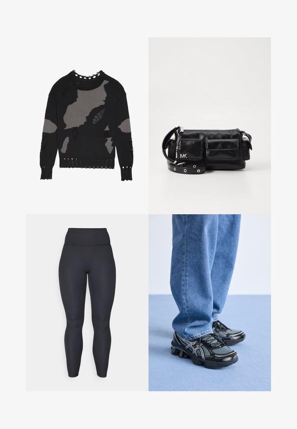 YOURTURN UNISEX - Strikkegenser - black/beige; Høyt liv svarte rillede tights med en tettsittende design, glatt tekstur og hel lengde. Har en bred midje for støtte.; Svarte og grå joggesko med mesh-overdel, refleksdetaljer og teksturert såle, parret med løse blå denimkjønn.; MICHAEL Michael Kors DAKOTA - Skulderveske - black