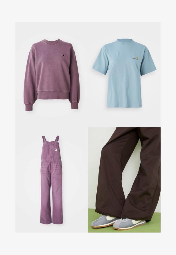 Μωβ φούτερ με στρογγυλή λαιμόκοψη, έχει ριμπ μανσέτες και στρίφωμα, με μικρή τετράγωνη μάρκα Carhartt στο αριστερό στήθος.; Γαλάζιο κοντομάνικο βαμβακερό t-shirt με στρογγυλή λαιμόκοψη και μικρό λογότυπο Carhartt σε κίτρινο και κόκκινο χρώμα στην αριστερή πλευρά του στήθους.; Μωβ τζιν σαλοπέτες με ρυθμιζόμενους ιμάντες, μπροστινή τσέπη και φαρδιά πόδια. Το υλικό εμφανίζει ελαφριά υφή; τα εξαρτήματα διαθέτουν ασημένιες μεταλλικές κλιπ.; Καφέ παντελόνια σε φαρδιά γραμμή με λεία υφή και ραφή στο πλάι, συνδυασμένα με γκρι και λευκά ρετρό αθλητικά παπούτσια με καουτσούκ σόλα.