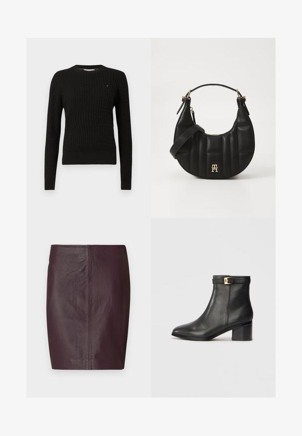 Pull en tricot noir avec un motif texturé, col rond, manches longues et ourlet côtelé. Présente un petit logo sur la poitrine.; Jupe en cuir bordeaux foncé avec une texture lisse, un design ajusté et une silhouette droite. Présente des coutures minimales et aucun matériel visible.; Bottines en cuir noir avec une texture lisse, bout arrondi et un accent en boucle dorée sur la sangle de la cheville. Design à talon carré.; Sac à main en cuir noir avec une forme incurvée, texture matelassée et quincaillerie dorée. Dispose d'une bandoulière amovible et d'un détail de logo.