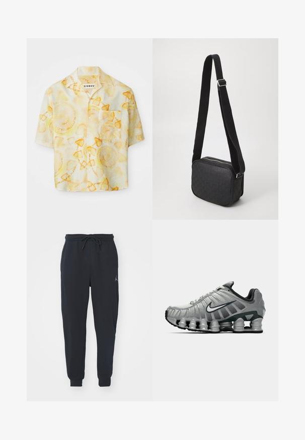 Kapuzensweatshirt aus weichem Stoff, mit einem Aquarellmuster in Grautönen und Weiß. Verfügt über eine Fronttasche und einen Kordelzug.; Kurzarmpolyesterhemd mit hellgelben und orangen runden Mustern sowie dem Text "misbhv summer club ibiza."; Schwarze Jogginghosen aus weichem Stoff, mit einem elastischen Taillenbund und Kordelzug, gerippten Bündchen und einem kleinen Logo am linken Oberschenkel.; Grauer und schwarzer Nike-Laufschuh mit sichtbarer federähnlicher Dämpfung unter der Sohle und einem weißen Swoosh-Logo an der Seite.; Schwarze Crossbody-Tasche mit strukturiertem Leder, rechteckiger Form, mit Reißverschluss und einem kontrastierenden Stoffriemen.