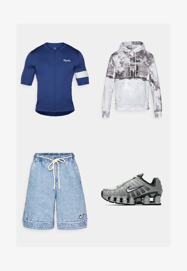 Huppari pehmeästä kankaasta, jossa on akvarellikuvio harmaan ja valkoisen sävyissä. Mukana etutasku ja naru.; Laivaston pyöräilypaita lyhyillä hihoilla, täysivetoketjulla ja valkoisella raidalla vasemmassa hihassa. Valmistettu sileästä, joustavasta kankaasta.; Vaaleansiniset farkkushortsit, joissa on joustava vyötärö ja nyöri. Niissä on sivutaskut ja pieni musta Nike-logo helman kohdalla.; Harmaa ja musta Nike-juoksukenkä, jossa on näkyvää jousimaista vaimennusta pohjan alla ja valkoinen swoosh-logo sivulla.