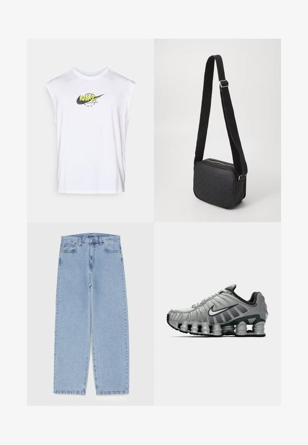 Kapuzensweatshirt aus weichem Stoff, mit einem Aquarellmuster in Grautönen und Weiß. Verfügt über eine Fronttasche und einen Kordelzug.; Weißes ärmelloses Basketballoberteil von Nike mit gelbem und schwarzem Logo, das zentral auf der Brust platziert ist, vor einem schlichten Hintergrund.; Hellblaue Jeans aus Denim mit geradem Bein, ausgestattet mit einer mittelhohen Taille, fünf Taschen sowie einem Knopf- und Reißverschluss.; Grauer und schwarzer Nike-Laufschuh mit sichtbarer federähnlicher Dämpfung unter der Sohle und einem weißen Swoosh-Logo an der Seite.; Schwarze Crossbody-Tasche mit strukturiertem Leder, rechteckiger Form, mit Reißverschluss und einem kontrastierenden Stoffriemen.