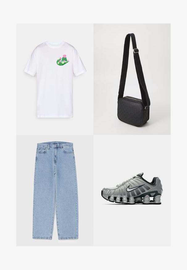Džemper s kapuljačom od mekane tkanine, sa akvarel uzorkom u nijansama sive i bijele. Ima prednji džep i uzicu.; Bjela pamučna majica s šarenim grafičkim dizajnom u zelenoj i ružičastoj boji, prikazuje kaktuse i cvijeće na lijevoj strani prsnog područja.; Svijetloplave traperice s ravnim nogavicama, sa srednjim strukom, pet džepova i zatvaranjem na dugme i patentni zatvarač.; Sive i crne Nike trkaće cipele s vidljivim opružnim jastučićem ispod đona i bijelim swoosh logotipom sa strane.; Crna torbica na rame s teksturiranim uzorkom kože, pravokutnog oblika, s patentnim zatvaračem i naramenicom od kontrastne tkanine.
