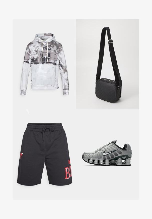 Huppari pehmeästä kankaasta, jossa on akvarellikuvio harmaan ja valkoisen sävyissä. Mukana etutasku ja naru.; Mustat urheilushortsit, joissa on pehmeä kangas, joustava vyötärönyöri, punaiset logovärit ja polvipituinen leikkaus.; Harmaa ja musta Nike-juoksukenkä, jossa on näkyvää jousimaista vaimennusta pohjan alla ja valkoinen swoosh-logo sivulla.; Musta olkalaukku, jossa on kuvioitu nahkapinta, suorakaiteen muotoinen, vetoketjulla suljettava ja kontrastivärinen kangashihna.