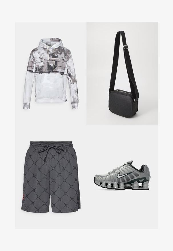 Kapuca v mehkemu materialu, s sliko akvarela v odtenkih sive in bele barve. Vključuje sprednji žep in vrvico.; Sive kopalke s črnim geometrijskim vzorcem, elastičnim pasom in vrvico. Imajo rdečo šiv na stranskem robu. Gladko teksturo tkanine.; Sive in črno Nike tekaška čevelj s vidno vzmetno blaženje pod podplatom in belim logotipom swoosh na strani.; Črna torbica čez ramo z vzorcem teksturiranega usnja, pravokotne oblike, z zapiranjem na zadrgo in kontrastnim tkaninskim trakom.