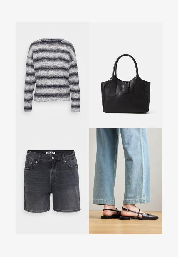 Gray and black striped long-sleeve top with a round neckline. Soft, textured fabric with varying stripe widths and a relaxed fit.; Black denim shorts with a classic design, featuring five-pocket styling, a front button closure, and subtle whiskering detail.; Black leather slingback shoes with a pointed toe, flat heel, and ankle strap; worn with light blue wide-leg jeans.; Black leather tote bag with smooth texture, structured shape, two handles, and a prominent silver buckle detail on the front.; Silver flower-shaped earrings with a textured finish, featuring long hooks and petal-like details for an intricate design.