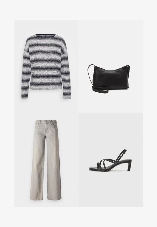Grå og svart stripete langermet topp med rund hals. Mykt, teksturert stoff med varierende striper og en avslappet passform.; Lys grå vide bukser laget av denim, med fem-lommers design, front knappelukking og lett falmet tekstur.; Sorte sandaler med stropper, firkantet tå og lav blokk hæl. Har flere tynne stropper og en justerbar ankelstropp. Laget av glatt lær.; Svart skinn skulderveske med glatt tekstur, buet form, justerbar stropp og glidelås. Minimalistisk design uten dekorasjoner.