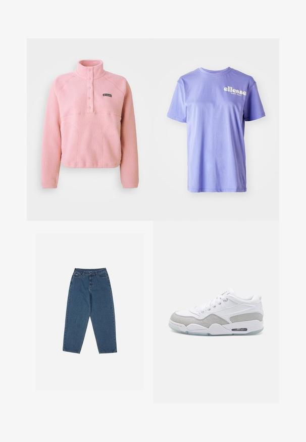 Roosa Columbia fliistepusa pika varrukatega, nööbiga rinnaosa ja tõusva kraega, valmistatud pehmest tekstuuriga kangast.; Lilla puuvillane T-särk, millel on ümmargune kaelus, lühikesed varrukad ja ees prinditud valge "ellesse" logo tekst. Sile tekstuur.; Sinised teksased, mis on lõdva lõikega, kõrge vöökohaga, viie tasku disainiga ja õmblusaktsentidega. Omab nupuga ja tõmblukuga sulgemist.; Valge sportlik king, millel on sujuva nahaga ning halli sametiga detailid, ümar kuju, nööridega disain ja läbipaistev tald.