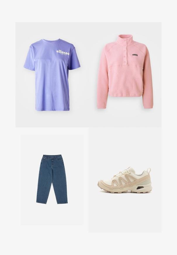 Rozā Columbia vilnas puloveris ar garām piedurknēm, aizdare ar snap-button krūšu daļā un augstu apkakli, izgatavots no mīkstas teksturētas auduma.; Violets kokvilnas T-krekls ar apaļu kakla izgriezumu, īsām piedurknēm un baltu "ellesse" logotipa tekstu, kas izdrukāts priekšā. Gluda tekstūra.; Zilā džinsu auduma bikses ar brīvu piegriezumu, augstu jostasvietu, piecu kabatu dizainu un šuvju akcentiem. Iekļauts pogu un rāvējslēdzēja aizdare.; Beige un krēma sporta apavi ar strukturētu tīkla virsmu, atbalstošajiem slāņiem un gumijas zoli ar protektoru rakstu, kas nodrošina saķeri.