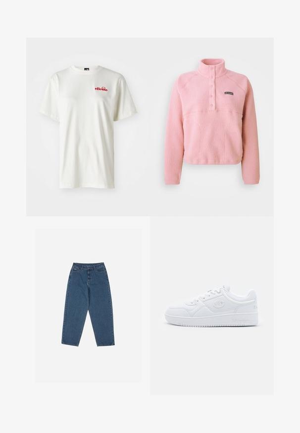 Rosa Columbia fleece-pullover med långa ärmar, snap-knapp framtill, och ståkrage, tillverkad av mjukt texturerat tyg.; Vit bomull t-shirt med rund halsringning och korta ärmar; liten röd "ellesse"-logotyp på vänster bröstområde; slät textur.; Blå denimjeans med avslappnad passform, hög medium, femficksdesign och sömnadsdetaljer. Har knapp- och dragkedjestängning.; Vit sneaker gjord av slät syntetiskt material, med rund tå, platt sula och subtila logotypdetaljer på sidorna. Klassisk low-top design.