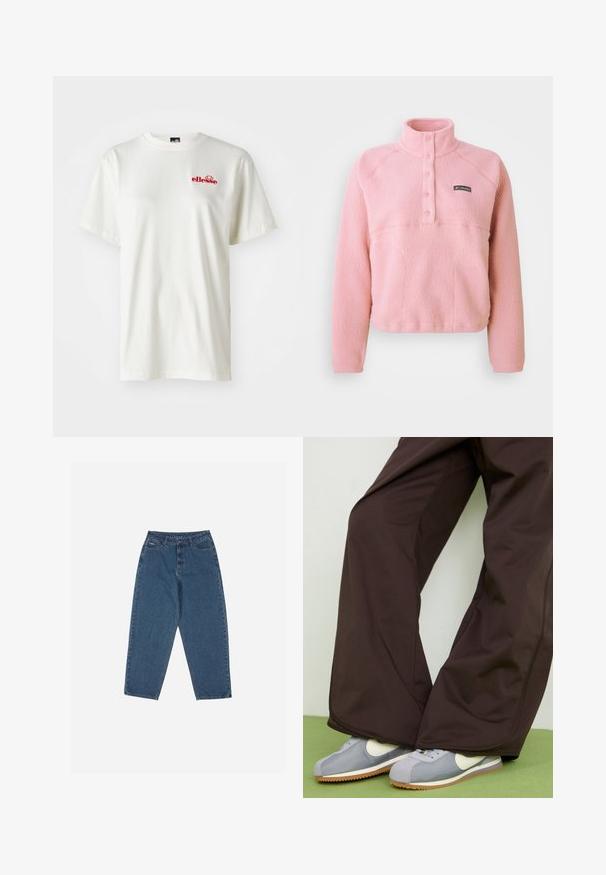 Rozā Columbia vilnas puloveris ar garām piedurknēm, aizdare ar snap-button krūšu daļā un augstu apkakli, izgatavots no mīkstas teksturētas auduma.; Balta kokvilnas t-krekls ar apaļu kaklu un īsām piedurknēm; neliels sarkans "ellesse" logo kreisajā krūšu rajonā; gluda tekstūra.; Zilā džinsu auduma bikses ar brīvu piegriezumu, augstu jostasvietu, piecu kabatu dizainu un šuvju akcentiem. Iekļauts pogu un rāvējslēdzēja aizdare.; Brūni platleği bikses ar gludu tekstūru un sānu šuvēm, kopā ar pelēkām un baltām retro stila sporta kurpēm ar gumijas zoli.