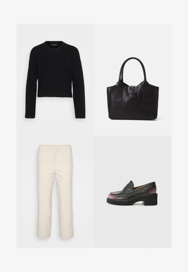 Sweater preto cortado feito de tecido de malha. Apresenta um decote redondo, mangas longas e uma superfície texturizada com um ajuste justo na bainha.; Calças beige, sob medida, com um design de perna reta, frente lisa e dois bolsos laterais. Feitas de um tecido suave com um acabamento limpo.; Mocassins de couro preto com bico arredondado, faixa de destaque e um degradê tonal do preto para o rosa escuro no calcanhar. Apresenta uma sola robusta.; Bolsa tote de couro preta com textura suave, forma estruturada, duas alças e um destaque prateado proeminente na parte da frente.