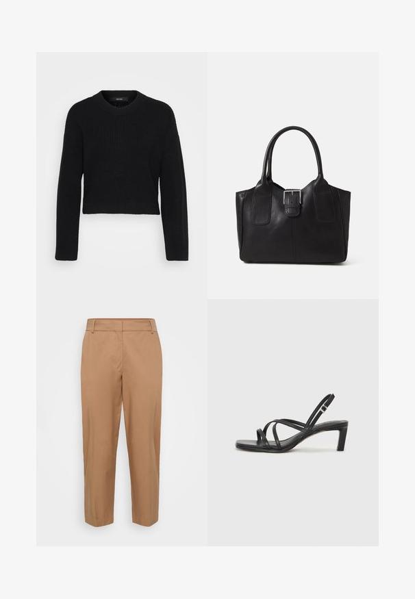 Juodas trumpas megztinis, pagamintas iš mezginio. Yra apvalus iškirpimas, ilgoms rankovėms ir struktūruota paviršiaus tekstūra, tvirtai prigludusi ties apatinėje dalyje.; Kremų spalvos kelnės iš lygaus audinio, su tiesiu sijonu, kampinėmis priekinėmis kišenėmis ir švariu finišu be matomų užsegimų.; Juodi šlepetės su kvadratiniu pirštu ir žemu bloku kulnu. Yra keli ploni dirželiai ir reguliuojamas kulkšnies diržas. Pagaminti iš lygios odos.; Juodas odinis nešiojamas krepšys su lygiu paviršiumi, struktūrine forma, dviem rankenėlėmis ir ryškiu sidabriniu sagties akcentu priekyje.