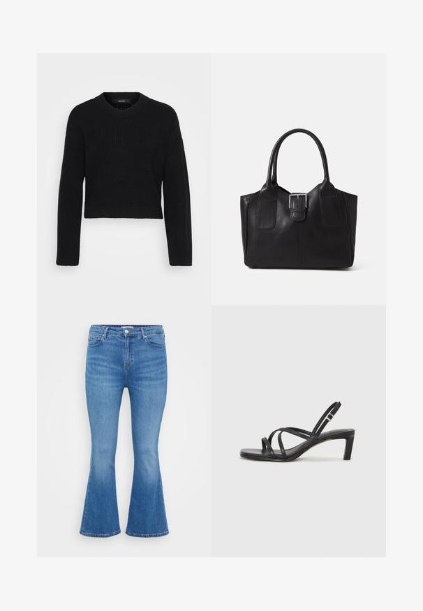 Pull court noir en tissu tricoté. Il présente un col rond, des manches longues et une surface texturée avec un ajustement serré à l'ourlet.; Jean flare en denim bleu clair, avec taille haute, cinq poches et fermeture à bouton classique. Texture lisse avec un léger dégradé.; Sandale noire à lanières avec un bout carré et un petit talon bloc. Elle présente plusieurs fines lanières et une sangle de cheville ajustable. Fabriquée en cuir lisse.; Sac fourre-tout en cuir noir avec une texture lisse, une forme structurée, deux poignées et un détail en boucle argentée proéminent à l'avant.