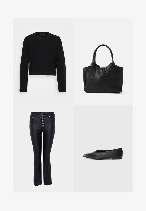 Mustan lühikese lõikega sviiter, mis on valmistatud kudumiskangast. Omab ümarat kaelust, pikki varrukaid ja struktureeritud pinda, mis on hemikule sobivalt keha lähedal.; Mustad flared teksad, millel on narmendav disain ja mis on valmistatud siledast materjalist. Omab viit hõbedast nupulukku ning ees on taskud.; Musthave mustris balletkingad, terav nina, minimaliseeritud disain, sile pind, madal konts, ilma nähtava riistvara või kaunistusteta.; Mustgamma nahast kott, millel on sile tekstuur, struktureeritud kuju, kaks käepidet ja esiküljel silmapaistev hõbedane pandla detail.