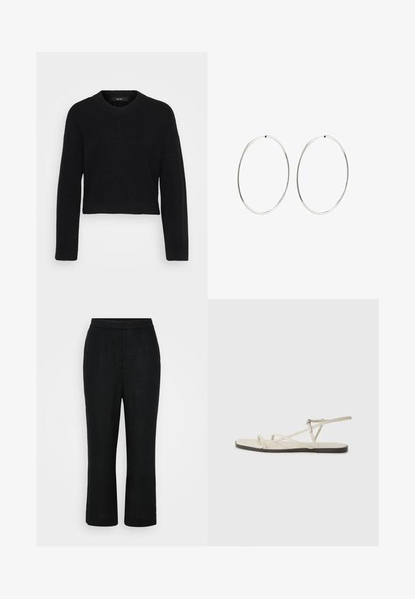 Pull court noir en tissu tricoté. Il présente un col rond, des manches longues et une surface texturée avec un ajustement serré à l'ourlet.; Pantalons en lin noir avec une coupe droite, taille mi-haute et longueur raccourcie, présentant une texture lisse et sans fermetures visibles.; Sandale plate beige avec plusieurs fines lanières et une boucle réglable. La semelle est plate avec un léger contraste sombre sur le bord.; Boucles d'oreilles en argent avec un design lisse et rond, et une finition polie. Elles sont fines et légères, avec un fermoir simple.