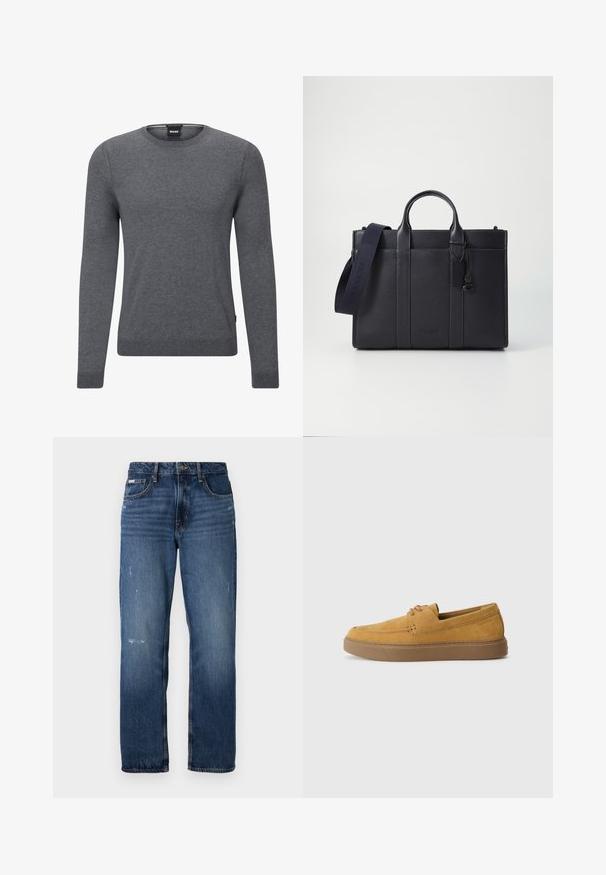 Pilkos spalvos apvalios iškirptės megztinis, pagamintas iš minkštos mezginio medžiagos. Jame yra ilgos rankovės, raukiniai ant rankogalių ir apatinės dalies, bei mažas logotipo ženklelis šone.; Mėlynos džinsinės kelnės su tiesiu klešnių dizainu. Yra šiek tiek nusidėvėjimo ir šviesių dėmių priekyje, su klasikiniu uždarymu mygtuku.; Rudos zomšos slip-on tipo batai su tekstūru, apvalia nosia ir kontrastinga gumine išorine dalimi. Yra subtilus ženklas netoli kulno.; Tamsiai mėlynas odinis portfelis su dviem viršutinėmis rankenomis ir nuimamu diržu. Yra tekstūruotas paviršius, vertikalios siūlės ir logotipo detalė.