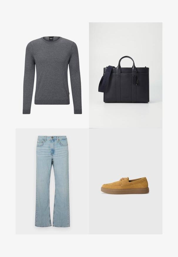 Szürke, kerek nyakú pulóver puha kötött anyagból. Hosszú ujjakkal rendelkezik, bordás mandzsettákkal és aljjal, valamint egy kis logó címkével az oldalon.; Világoskék farmer flared farmernadrág közepesen magas derekú, öt zsebes kialakítással és kontrasztos varrással. Cipzáras és fémből készült gombos záródással rendelkezik.; Barna velúr slip-on cipők, texturált felülettel, kerek orral és kontrasztos gumi talppal. Finom márkajelzés található a sarok közelében.; Sötét tengerészkék bőr aktatáska, dupla felső fogantyúval és levehető pánttal. Texturált felülettel, függőleges varrással és logó részlettel rendelkezik.