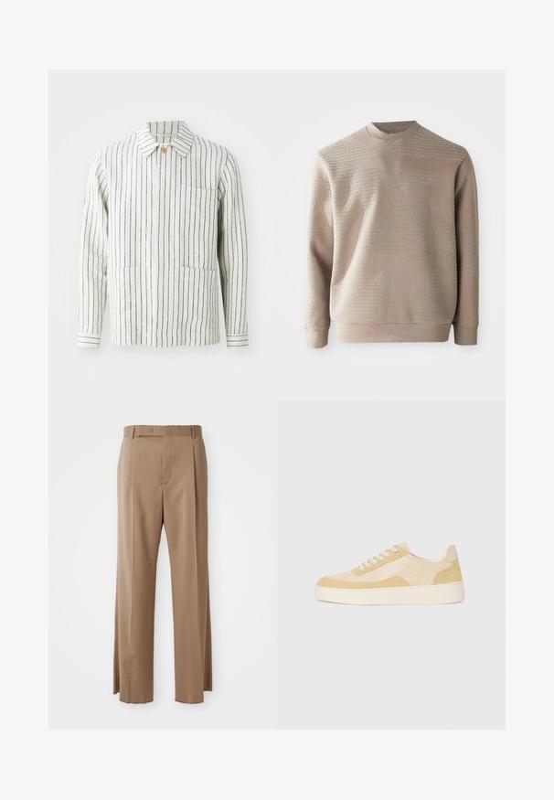Sudadera beige con patrón de logo texturizado, cuello redondo y mangas largas. La tela parece suave con un acabado liso y un diseño minimalista.; Chaqueta a rayas en crema y navy, hecha de tejido ligero. Presenta un collar, cierre de botones y dos bolsillos frontales.; Pantalones de corte recto en marrón claro con perneras rectas, lazos para cinturón, costura frontal y cierre oculto, exhibidos en plano sobre un fondo blanco.; Zapatillas de ante y piel en un amarillo claro, con una suela acolchada y acentos cosidos. Diseño clásico de cordones con punta redondeada.