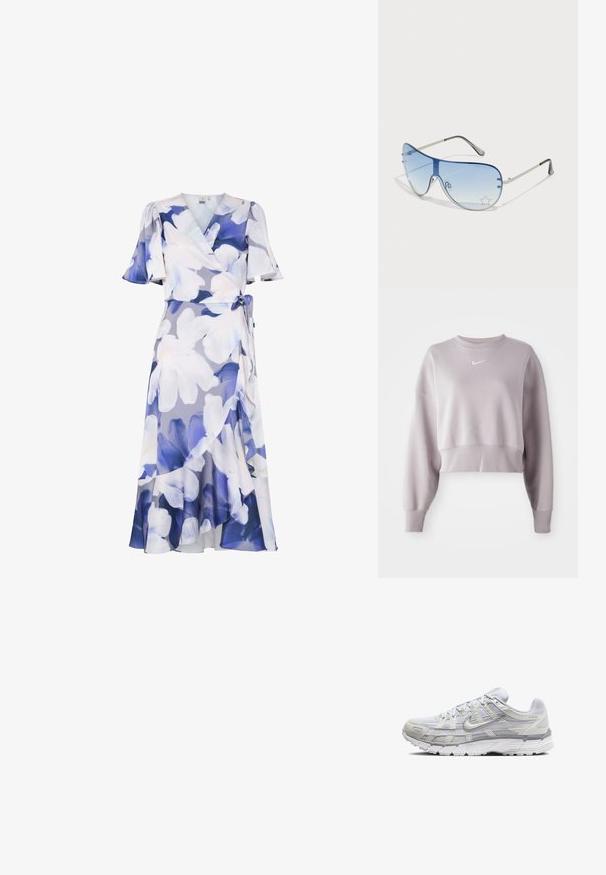Geknipte, licht lavendel sweatshirt met lange mouwen, geribbelde manchetten en een klein wit Nike-logo op de borst. Zachte stoftextuur.; Bloemengedekte wikkeljurk in licht paarse en blauwe tinten. Beschikt over korte gerimpelde mouwen, een strik rond de taille en een vloeiende zoom met gelaagd ontwerp.; Lichtgrijze sportschoenen met een bovenwerk van mesh en synthetisch materiaal, voorzien van een vetersluiting, een gevoerd kraagje en een gestructureerde zool voor grip.; Aviator zonnebril met een gradient blauwe lens, zilveren metalen frame en decoratieve sterrenaccenten op de lens. Glad en strak ontwerp.