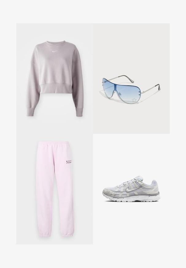 Sweatshirt ligeiramente cortado em lavanda clara, com mangas longas, punhos canelados e um pequeno logótipo branco da Nike no peito. Textura de tecido suave.; Calças de fato de treino cor-de-rosa com uma cintura elástica, tornozelos com punho e um pequeno logótipo impresso na frente. Textura de tecido suave, estilo casual.; Sapatos atléticos cinza claro com parte superior em malha e sintético, apresentando um fecho de cordões, colarinho acolchoado e sola texturizada para aderência.; Óculos de sol aviador com lentes azuis em degradê, armação metálica prateada e detalhes decorativos de estrelas nas lentes. Design suave e elegante.