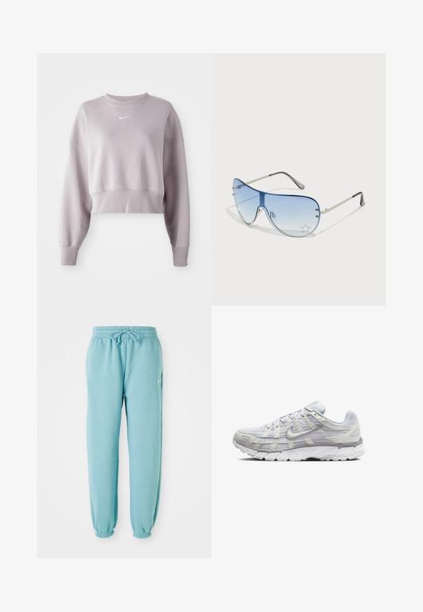 Zkrácená, světle levandulová mikina s dlouhými rukávy, žebrovanými manžetami a malým bílým logem Nike na hrudi. Měkká textilní struktura.; Světle modré tepláky vyrobené z měkké látky s elastickým pasem, detaily stahovací šňůrky a elastickými manžetami na kotnících. Malé logo na boku.; Světle šedé sportovní boty s vrchní částí z síťoviny a syntetického materiálu, vybavené šněrováním, polstrovaným límcem a texturovanou podrážkou pro lepší přilnavost.; Pilotské sluneční brýle s modrými gradientními skly, stříbrným kovovým rámem a dekorativními hvězdnými akcenty na sklech. Hladký a elegantní design.